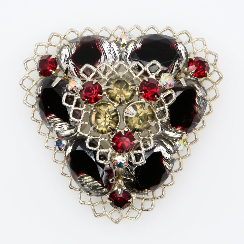 Vintage Mod Filigree Brooch‎ with Bold Red and AB Rhinestones, Art Glass 1960s